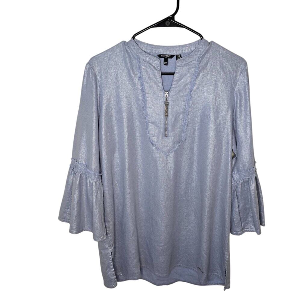 Ellen Tracy Shiny Bell‎ Sleeve Linen Blend Tunic Top Medium